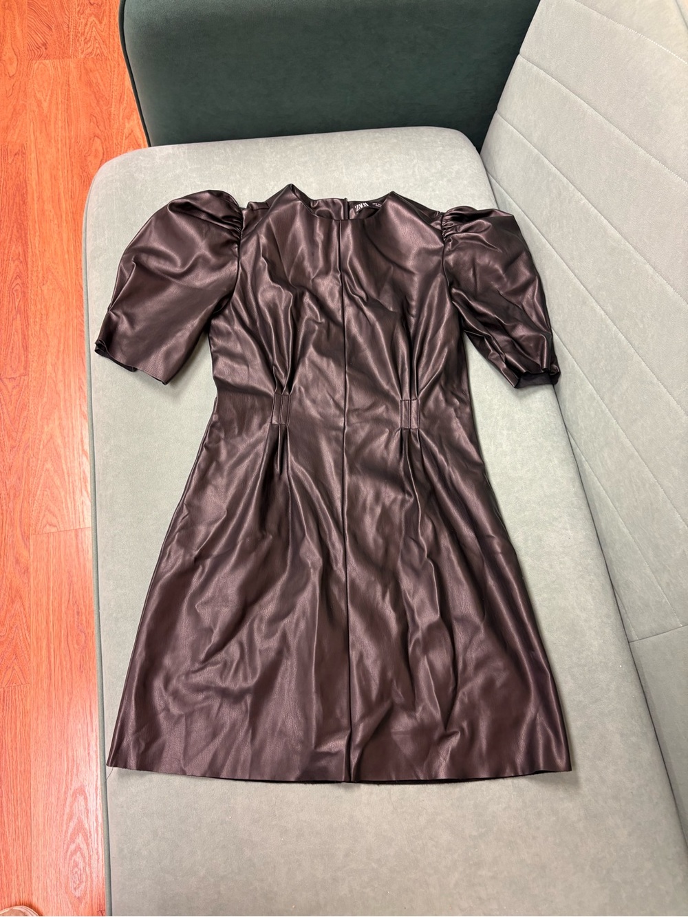Zara Black Faux Leather Midi Dress with Puff Sleeves